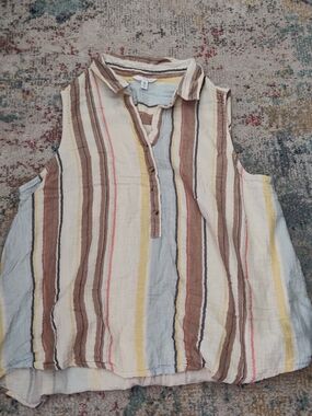 Time and Tru Sleeveless Striped Button-Front Top - Brown, Cream, Yellow, Blue